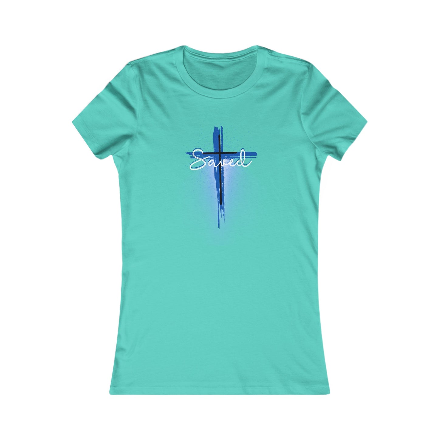 Saved Woman’s T-Shirt (with a blue and white cross)