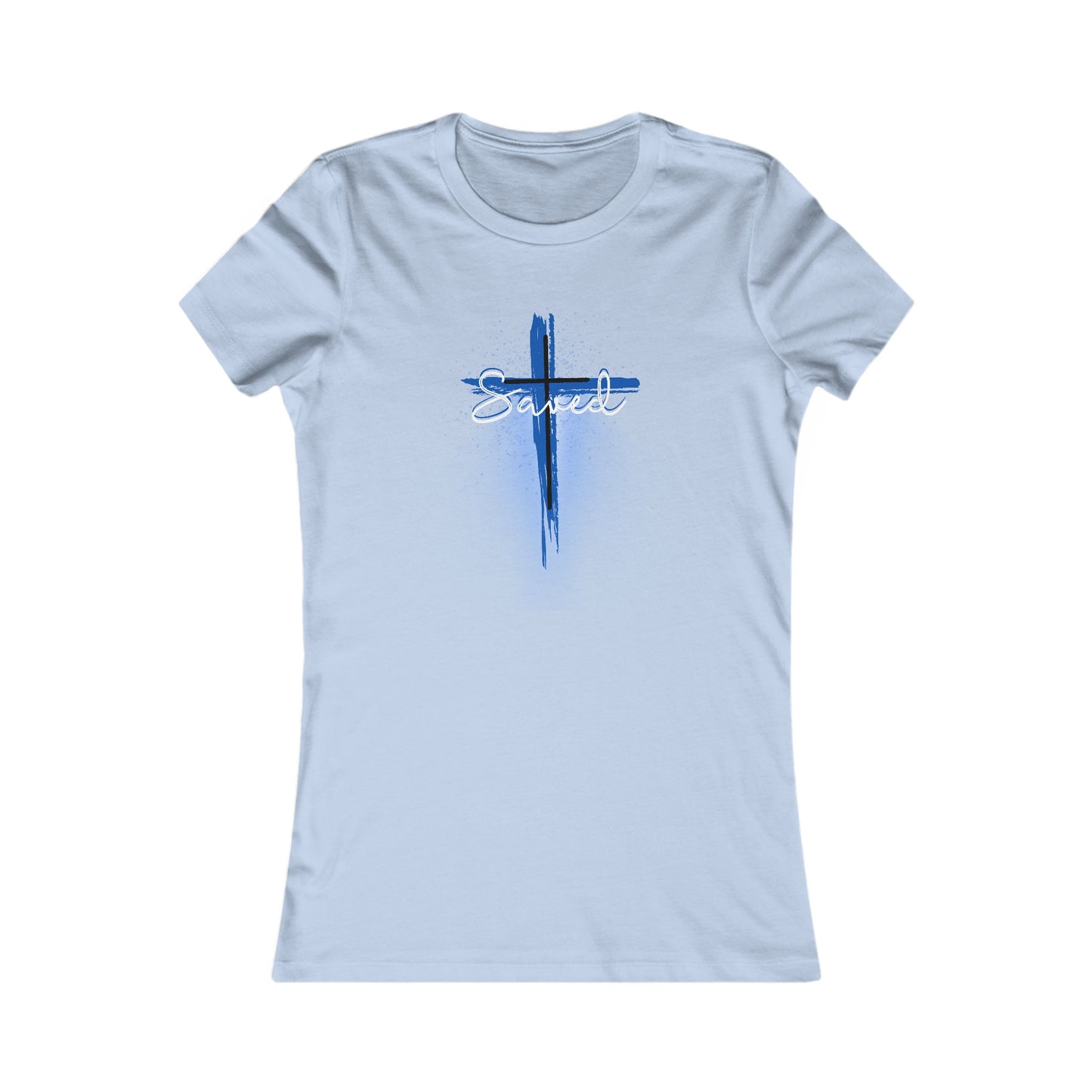 Saved Woman’s T-Shirt (with a blue and white cross)