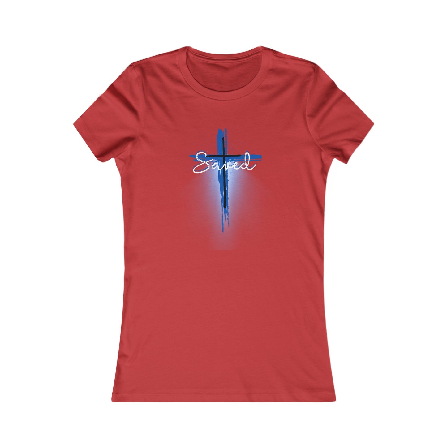 Saved Woman’s T-Shirt (with a blue and white cross)