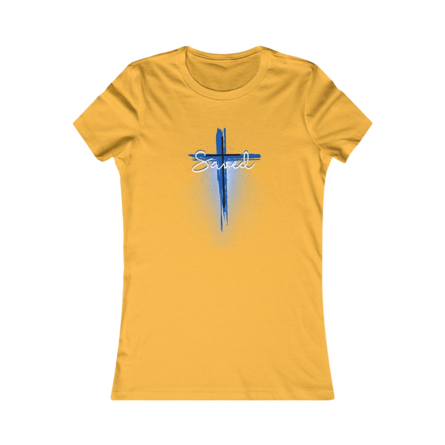 Saved Woman’s T-Shirt (with a blue and white cross)