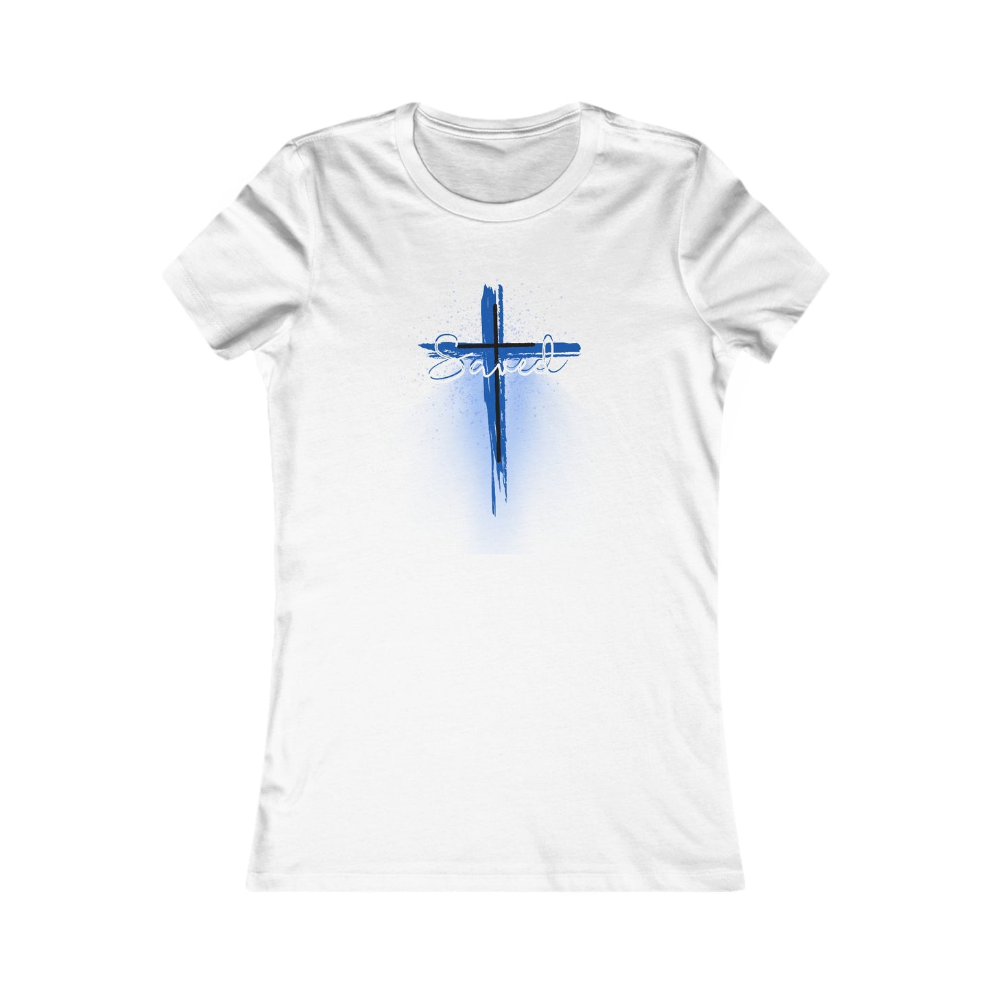 Saved Woman’s T-Shirt (with a blue and white cross)