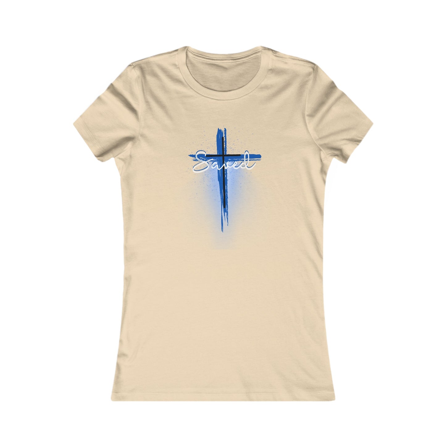 Saved Woman’s T-Shirt (with a blue and white cross)