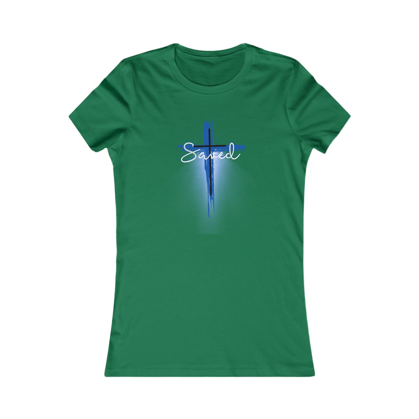 Saved Woman’s T-Shirt (with a blue and white cross)